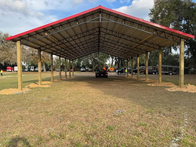 Pole barn with red roof trim